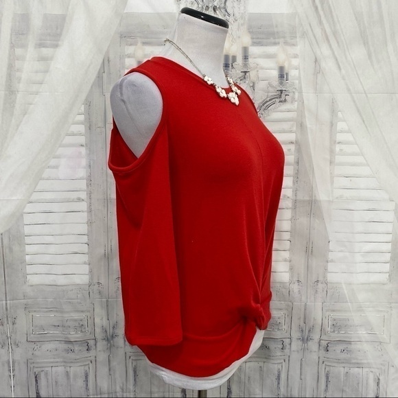 Michael Kors XS Solid Red Cold 3/4 Sleeve Cold Shoulder Twist Top Shirt Soft - Picture 4 of 8